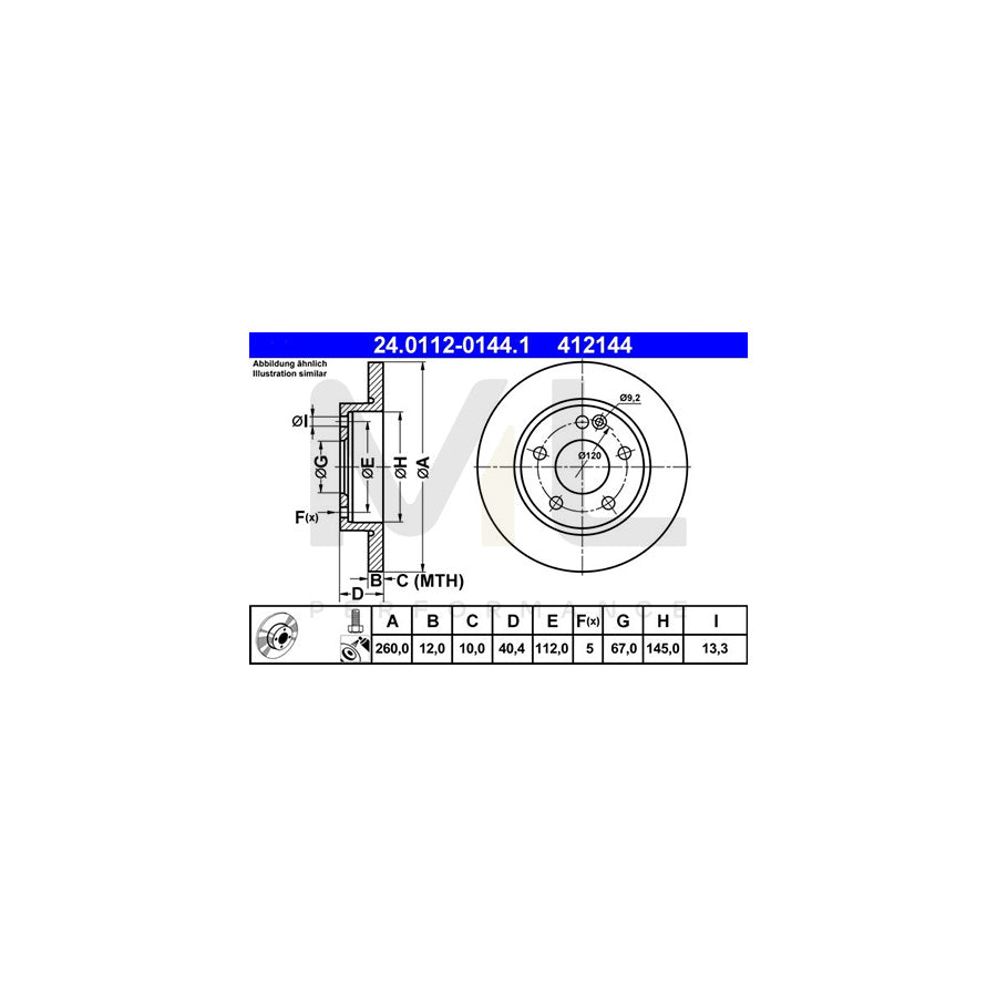 ATE 24.0112-0144.1 Brake Disc suitable for MERCEDES-BENZ A-Class (W168) Solid, Coated, Alloyed / High-carbon, with bolts/screws | ML Performance Car Parts