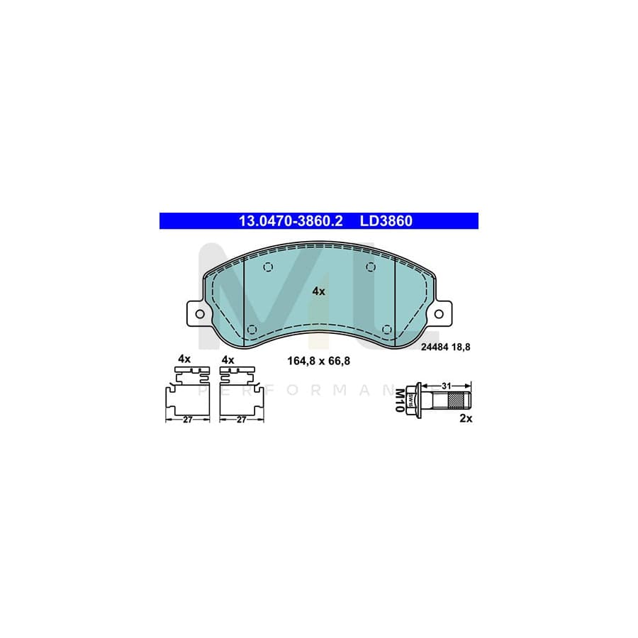 ATE Ceramic 13.0470-3860.2 Brake pad set for VW AMAROK excl. wear warning contact, prepared for wear indicator, with brake caliper screws, with accessories | ML Performance Car Parts