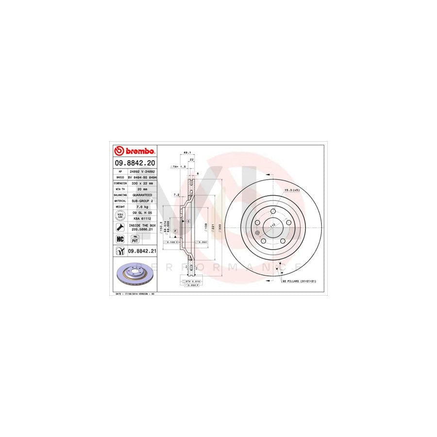 BREMBO 09.8842.20 Brake Disc for AUDI A6 Internally Vented, High-carbon, with bolts/screws | ML Performance Car Parts