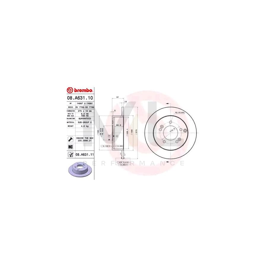 BREMBO COATED DISC LINE 08.A631.11 Brake Disc for KIA Carens III (UN) Solid, Coated, High-carbon, with bolts/screws | ML Performance Car Parts