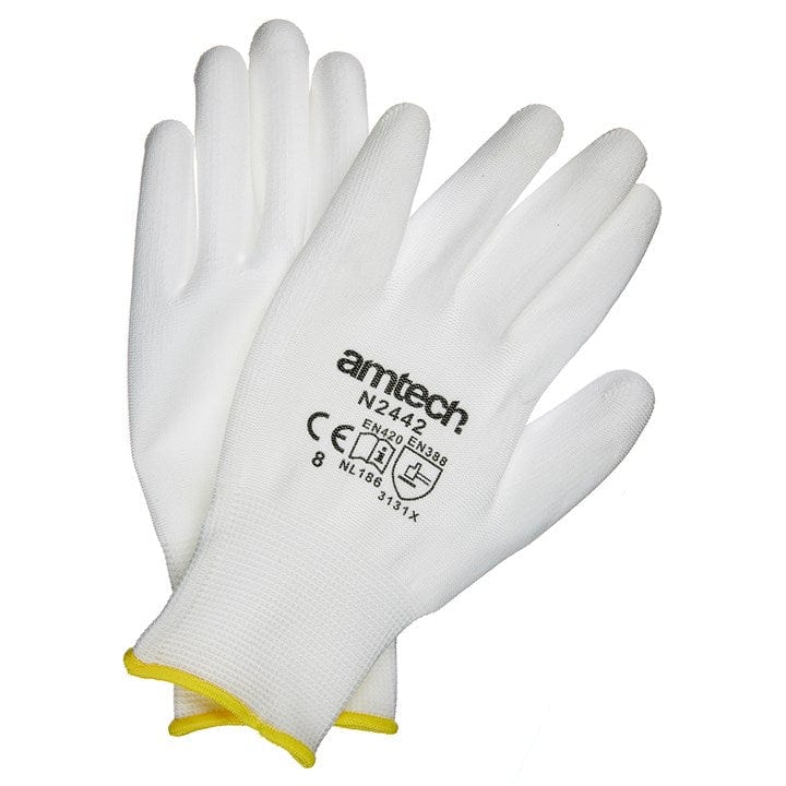 Amtech Light Duty PU Coated Work Gloves White Medium (Size: 8) | ML Performance DIY & Power Tools