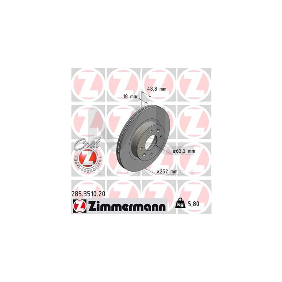 ZIMMERMANN COAT Z 285.3510.20 Brake Disc Internally Vented, Coated | ML Performance Car Parts