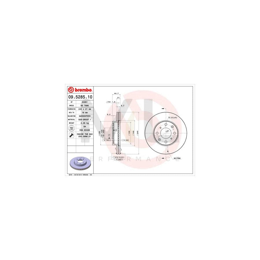 BREMBO 09.5285.10 Brake Disc Internally Vented, with bolts/screws | ML Performance Car Parts