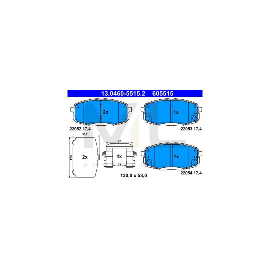 ATE 13.0460-5515.2 Brake pad set for HYUNDAI KONA with acoustic wear warning, with anti-squeak plate, with accessories | ML Performance Car Parts