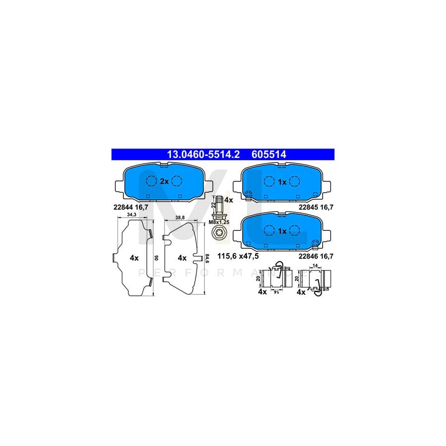 ATE 13.0460-5514.2 Brake pad set for JEEP Compass (MP, M6) with acoustic wear warning, with anti-squeak plate, with accessories | ML Performance Car Parts