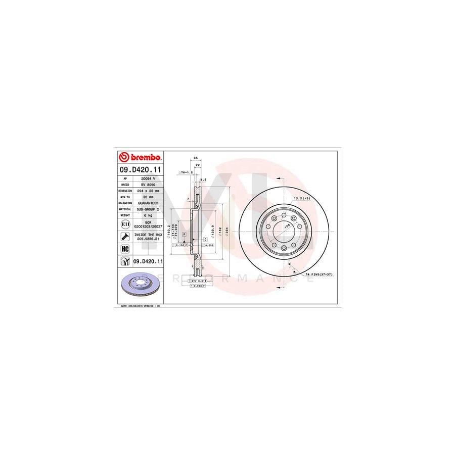 BREMBO 09.D420.11 Brake Disc Internally Vented, Coated, High-carbon, with bolts/screws | ML Performance Car Parts