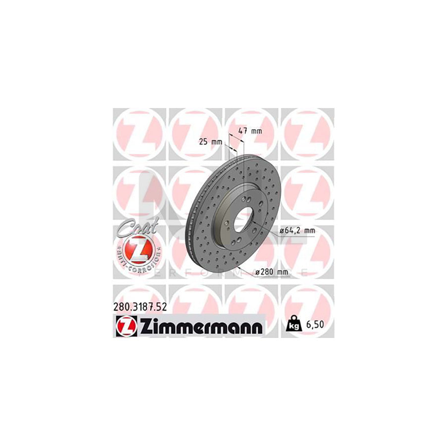 ZIMMERMANN SPORT COAT Z 280.3187.52 Brake Disc for HONDA CIVIC Internally Vented, Perforated, Coated | ML Performance Car Parts