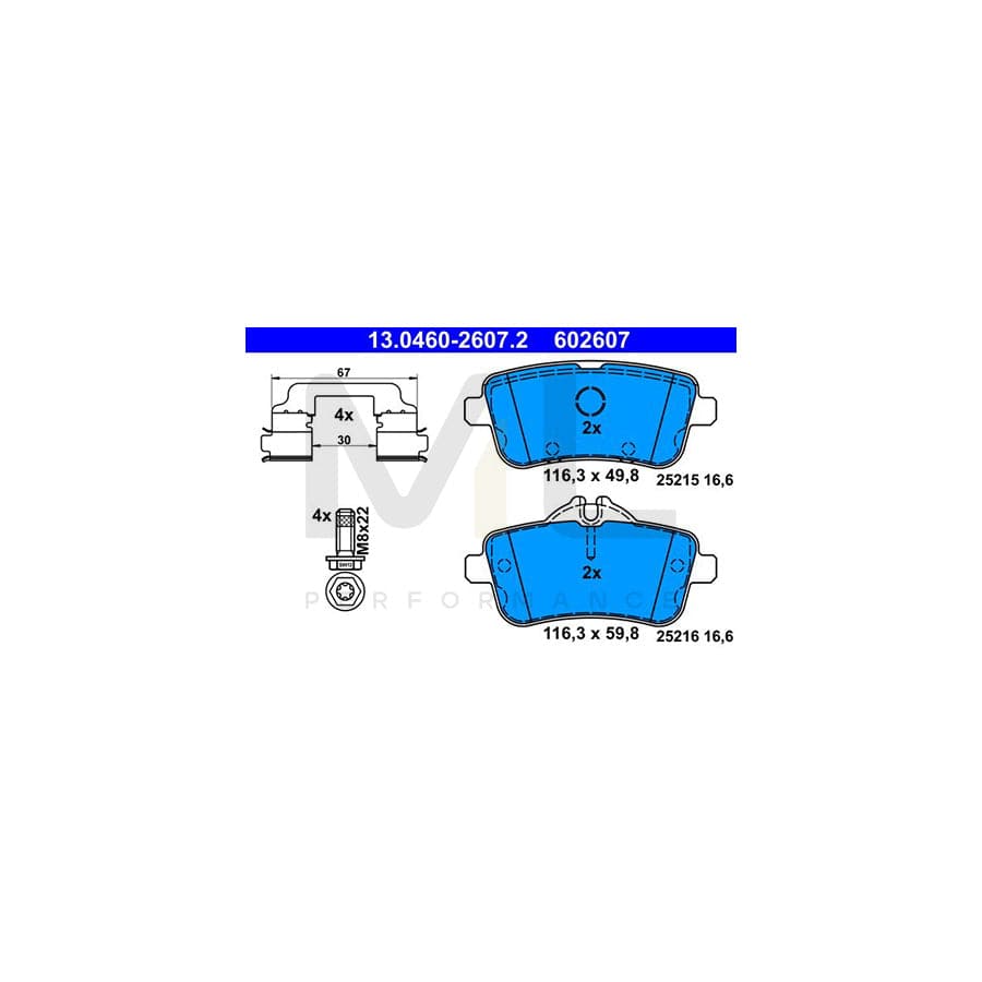 ATE 13.0460-2607.2 Brake pad set excl. wear warning contact, prepared for wear indicator, with brake caliper screws, with accessories | ML Performance Car Parts