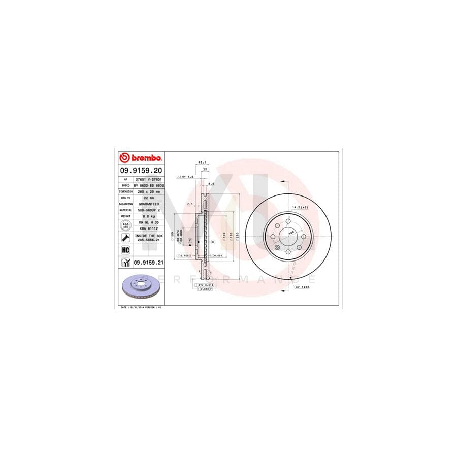 BREMBO COATED DISC LINE 09.9159.21 Brake Disc Internally Vented, Coated, High-carbon, with bolts/screws | ML Performance Car Parts