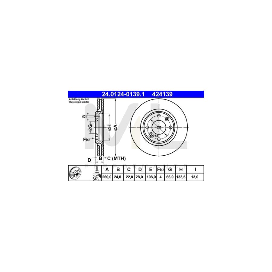 ATE 24.0124-0139.1 Brake Disc for PEUGEOT 406 Vented, Coated, with bolts/screws | ML Performance Car Parts