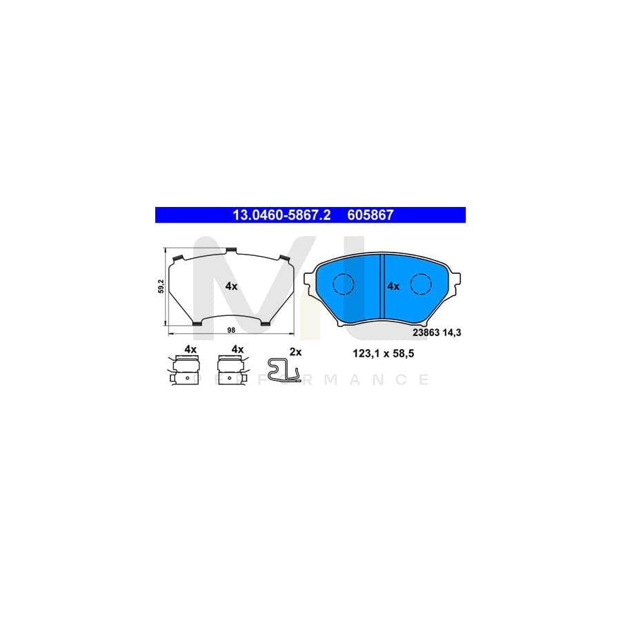 ATE 13.0460-5867.2 Brake pad set for MAZDA MX-5 II (NB) with acoustic wear warning, with anti-squeak plate, with accessories | ML Performance Car Parts