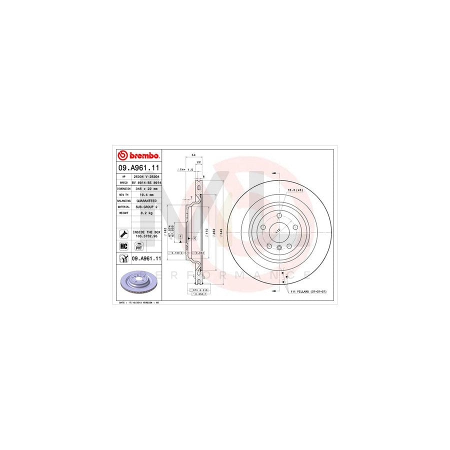 BREMBO COATED DISC LINE 09.A961.11 Brake Disc Internally Vented, Coated, High-carbon, with bolts/screws | ML Performance Car Parts