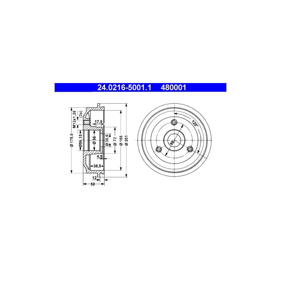 ATE 24.0216-5001.1 Brake Drum