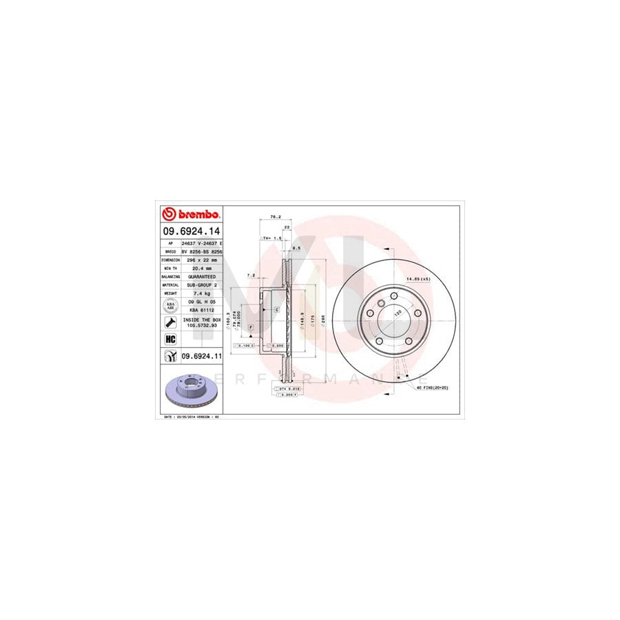 BREMBO 09.6924.14 Brake Disc for BMW 5 Series Internally Vented, High-carbon, with bolts/screws | ML Performance Car Parts