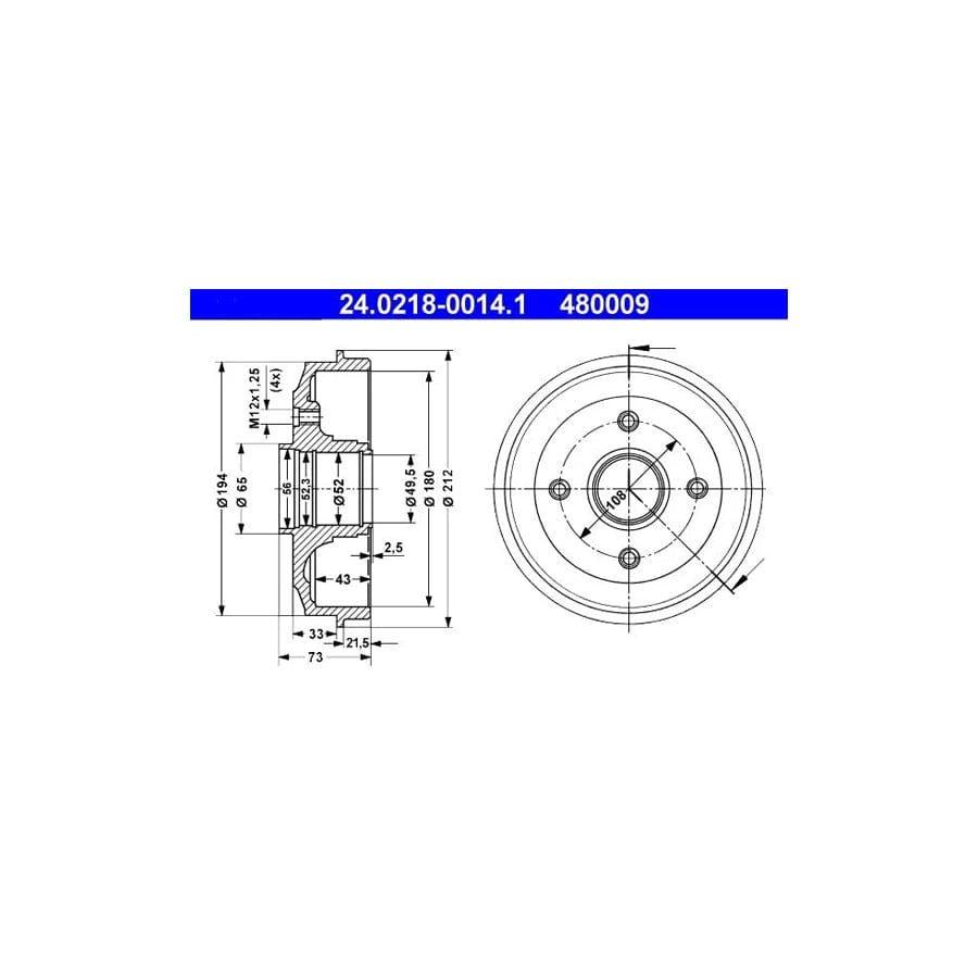 ATE 24.0218-0014.1 Brake Drum For Peugeot 205