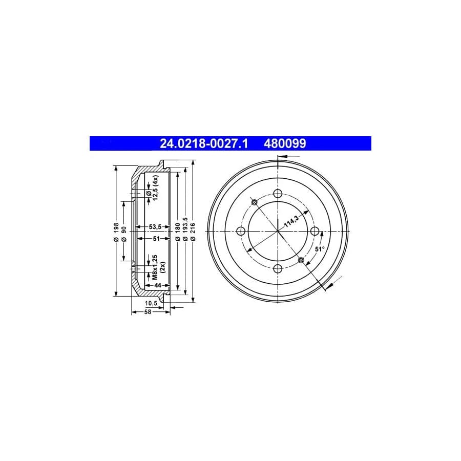 ATE 24.0218-0027.1 Brake Drum For Hyundai Pony