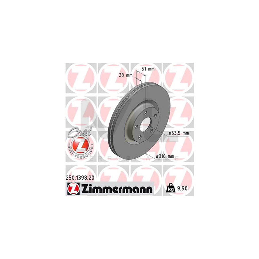 ZIMMERMANN 250.1398.20 Brake Disc Internally Vented, Coated | ML Performance Car Parts