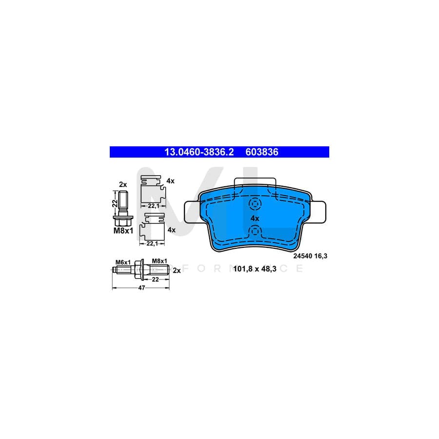 ATE 13.0460-3836.2 Brake pad set for CITRO?? C4 excl. wear warning contact, not prepared for wear indicator, with brake caliper screws, with accessories | ML Performance Car Parts