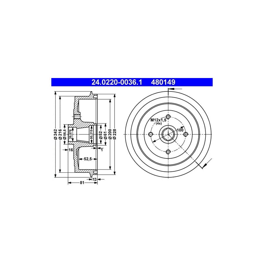 ATE 24.0220-0036.1 Brake Drum