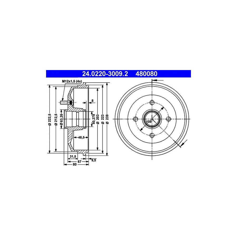 ATE 24.0220-3009.2 Brake Drum