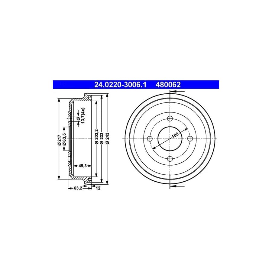 ATE 24.0220-3006.1 Brake Drum For Ford Mondeo