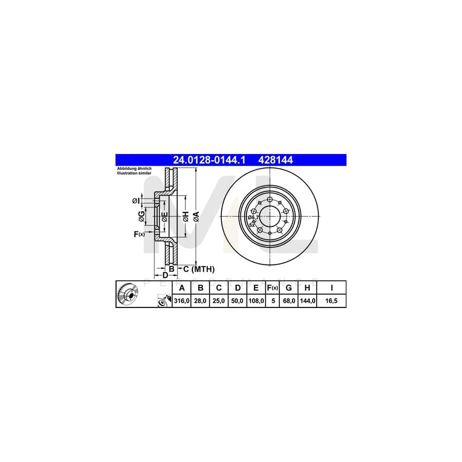 ATE 24.0128-0144.1 Brake Disc Vented, Coated, High-carbon | ML Performance Car Parts