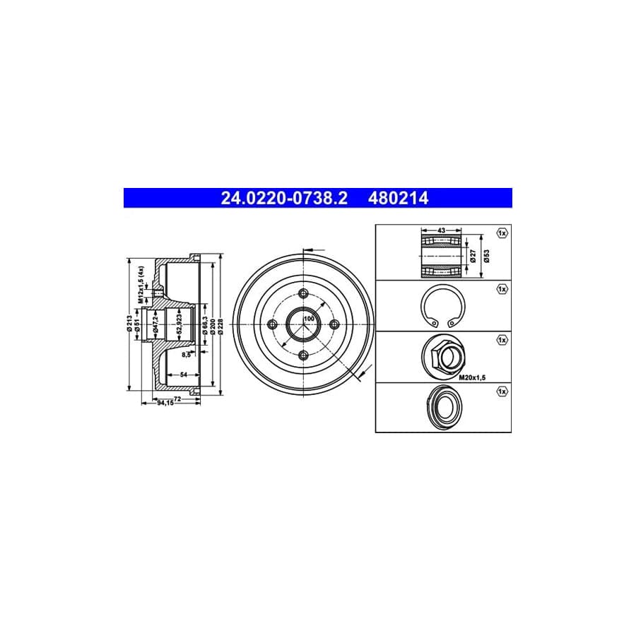 ATE 24.0220-0738.2 Brake Drum