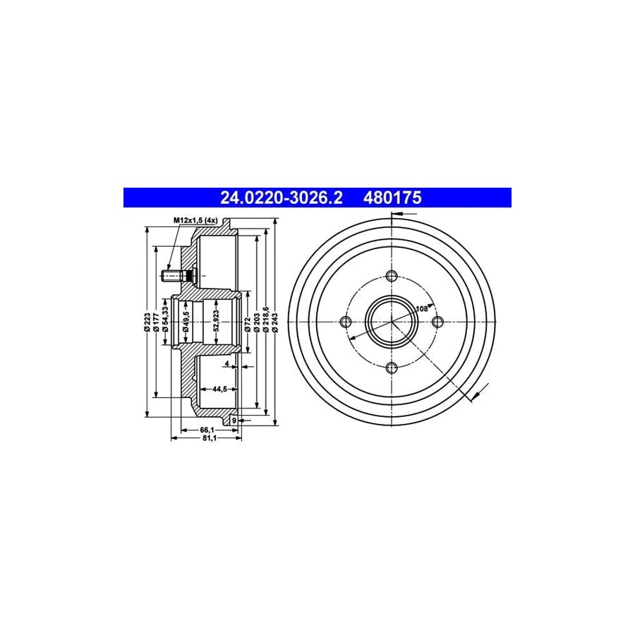 ATE 24.0220-3026.2 Brake Drum