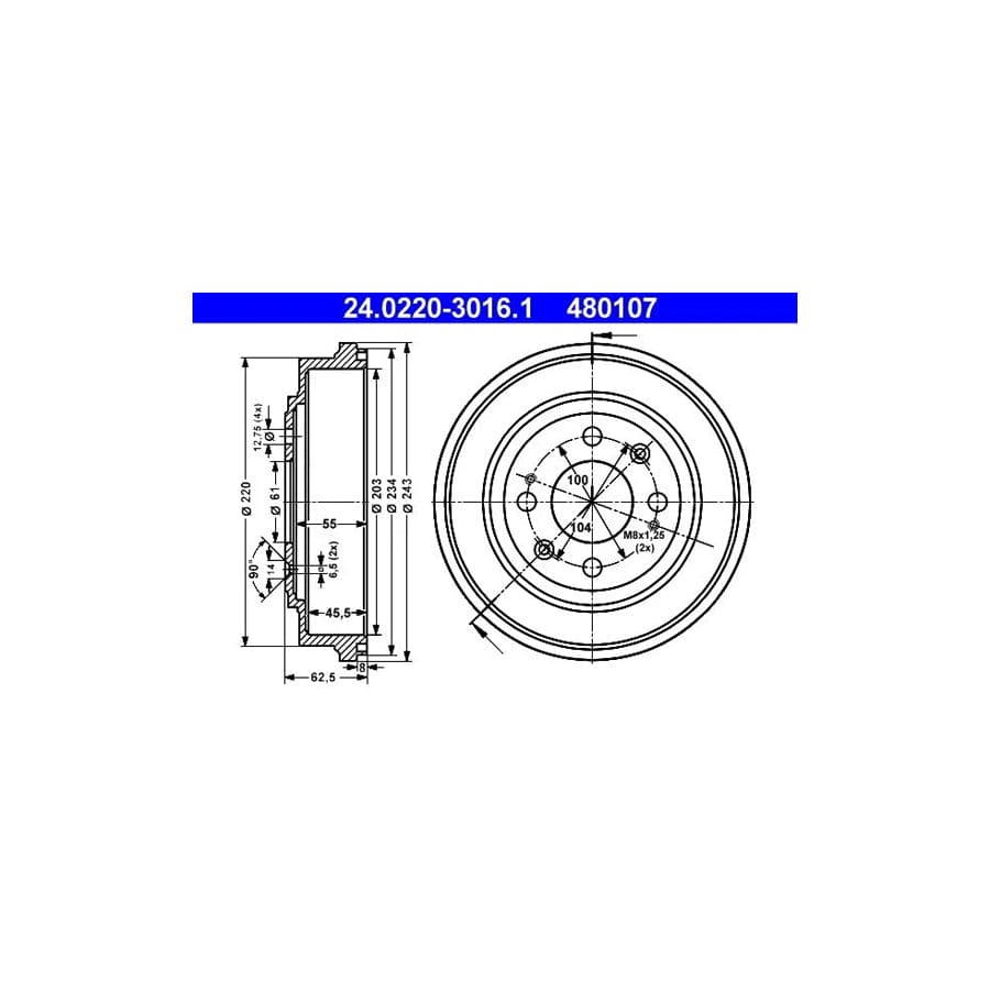 ATE 24.0220-3016.1 Brake Drum