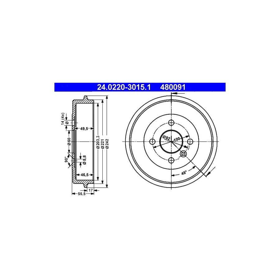 ATE 24.0220-3015.1 Brake Drum