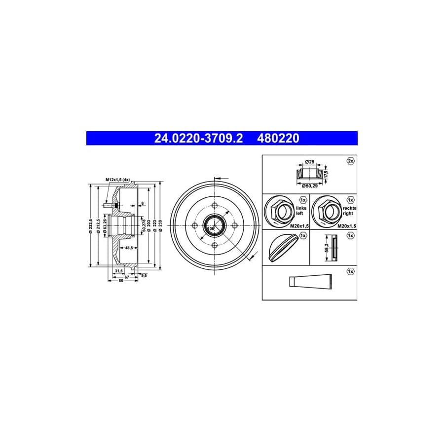 ATE 24.0220-3709.2 Brake Drum