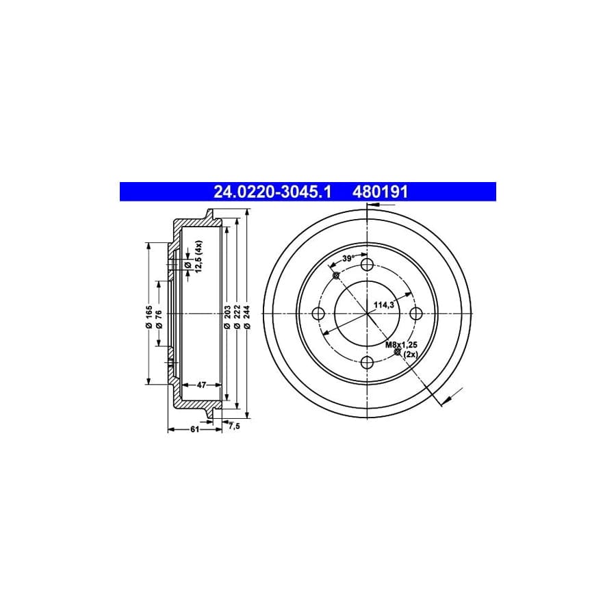 ATE 24.0220-3045.1 Brake Drum