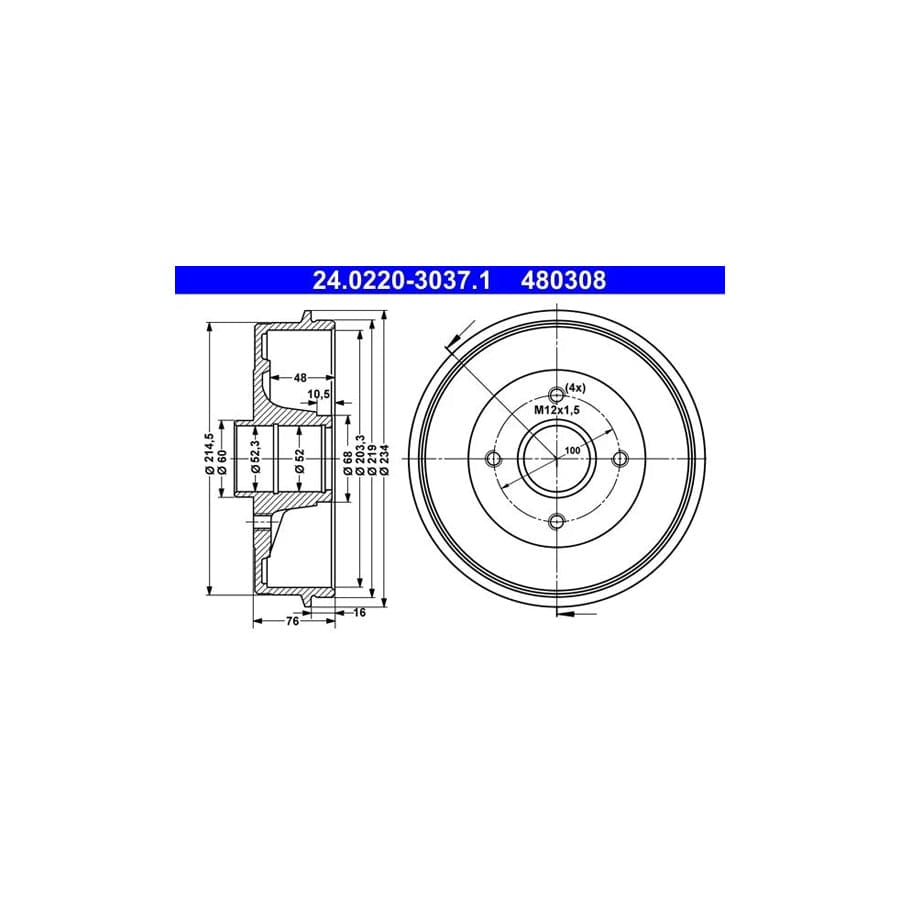 ATE 24.0220-3037.1 Brake Drum