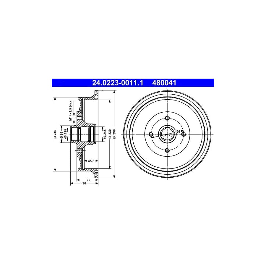 ATE 24.0223-0011.1 Brake Drum For Audi 100