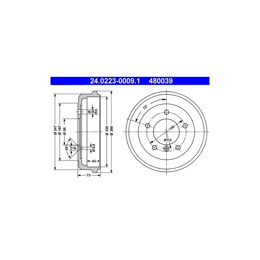 ATE 24.0223-0009.1 Brake Drum Suitable For Mercedes-Benz T1 Bus