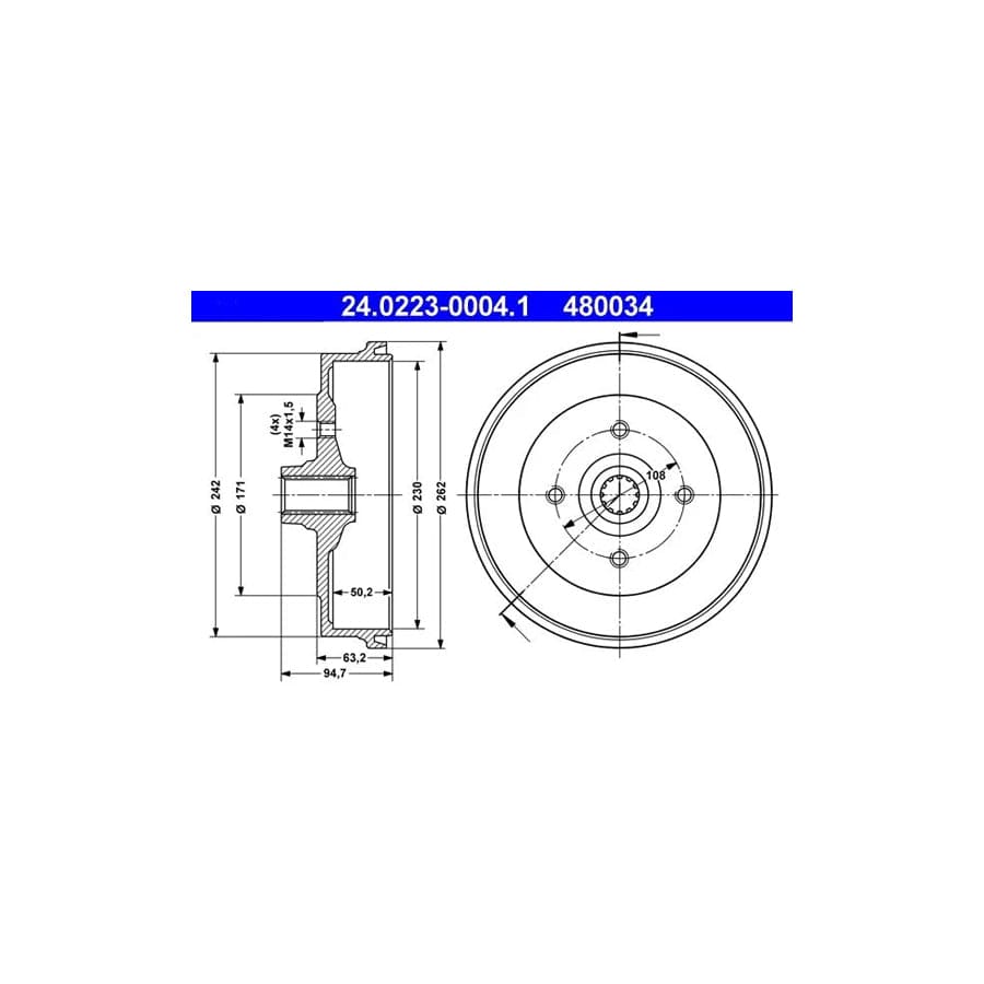 ATE 24.0223-0004.1 Brake Drum For Porsche 924 Coupe