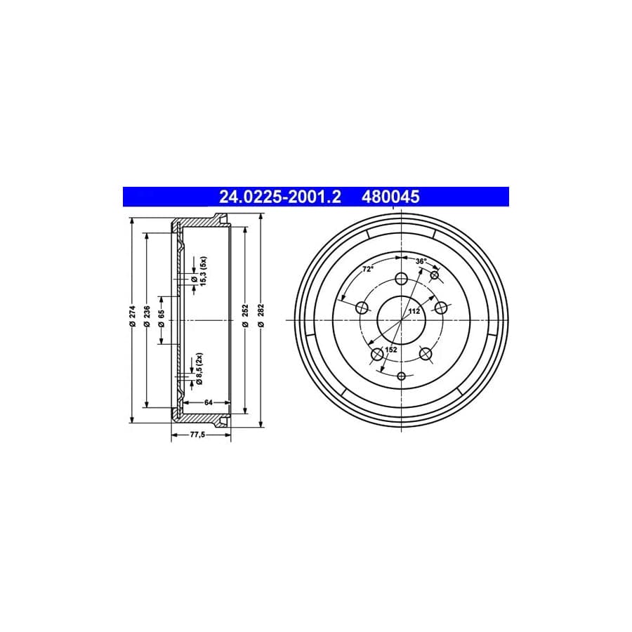 ATE 24.0225-2001.2 Brake Drum For Vw Transporter