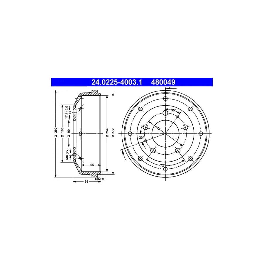 ATE 24.0225-4003.1 Brake Drum Suitable For Mercedes-Benz 100