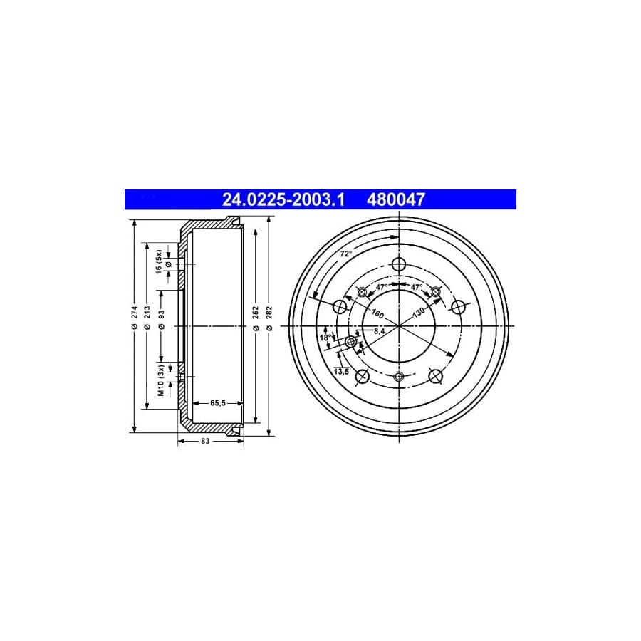 ATE 24.0225-2003.1 Brake Drum For Vw Lt