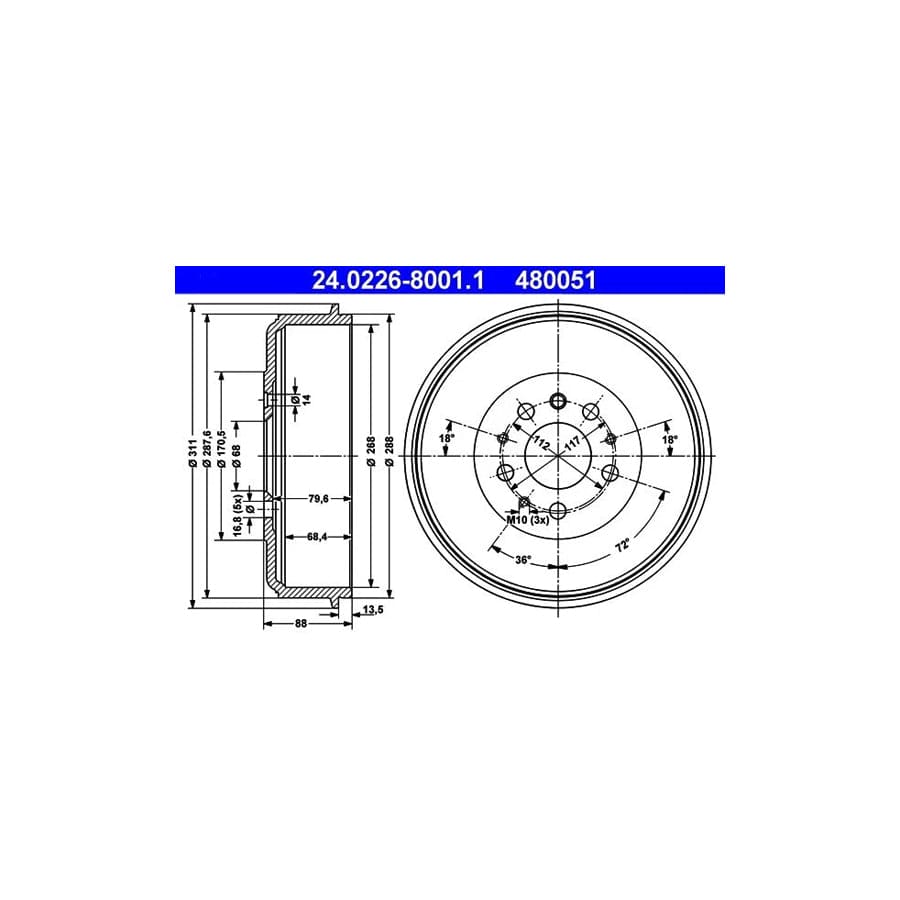 ATE 24.0226-8001.1 Brake Drum For Vw Transporter