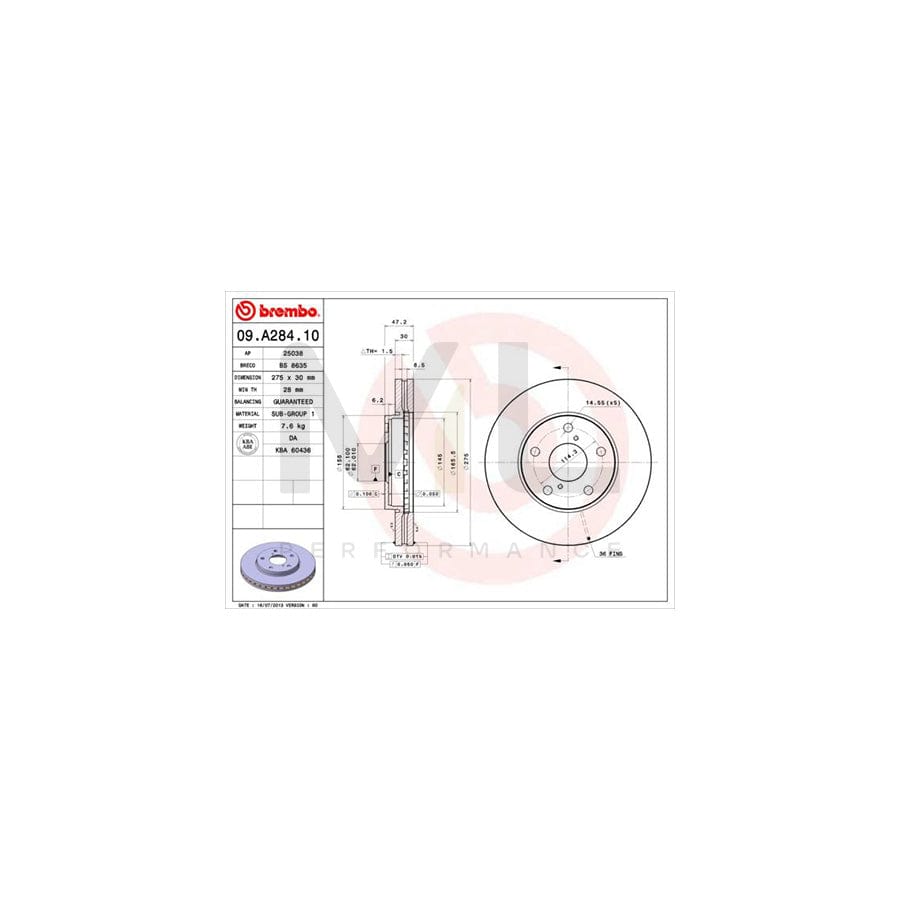 BREMBO 09.A284.10 Brake Disc for TOYOTA MR2 II Coupe (W20) Internally Vented | ML Performance Car Parts