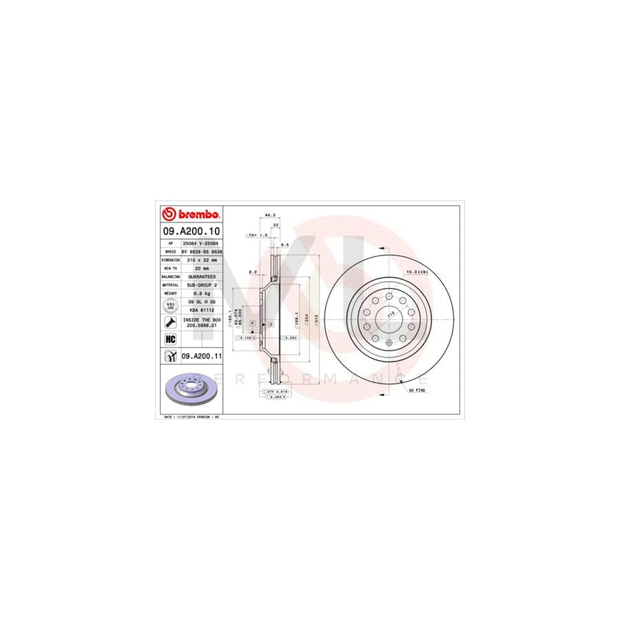 BREMBO 09.A200.10 Brake Disc Internally Vented, High-carbon, with bolts/screws | ML Performance Car Parts